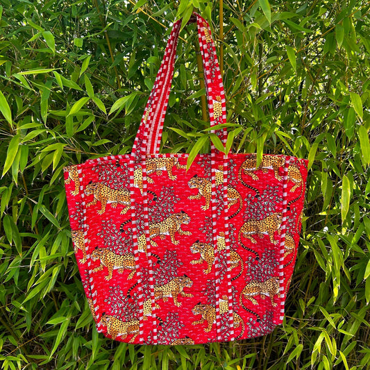 Reversible Large Tote - Red Stripe Leopard