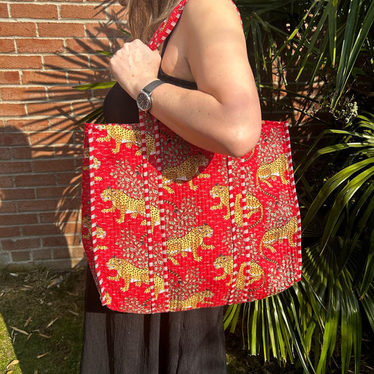 Reversible Large Tote  - Jungle Red Stripe Leopard