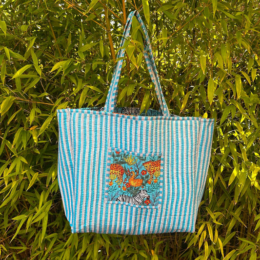 Reversible Large Stripe Tote  - Aqua  Jungle